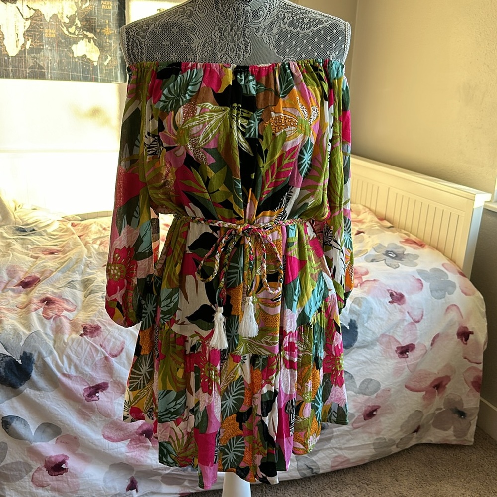 Rachel Roy Tie Dress Tropical Paradise Off the Shoulder Balloon Sleeves.